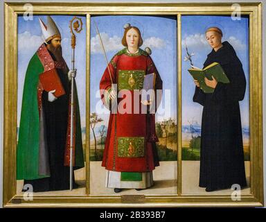 Italien Lombardei Mailand Brera Kunstgalerie - Francesco Bissolo - Sankt Stephanus mit den Heiligen Augustinus und Nikolaus von Tolentino - 15. Jahrhundert Stockfoto