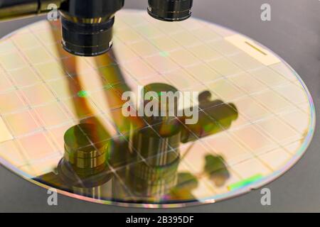 Siliziumwafer auf Maschine Prozess Untersuchung im Mikroskop. Stockfoto