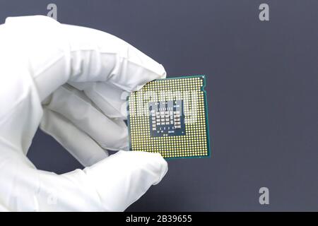 Hand in weißem Handschuh, der einen Mikrochip mit CPU-Prozessor hält. Stockfoto