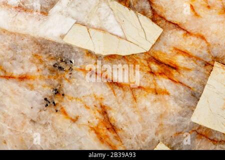 Braune Risse in heterogener Struktur und Oberflächenbeschaffenheit aus beigefarbenem Marmor, Nahaufnahme, Draufsicht. Stockfoto