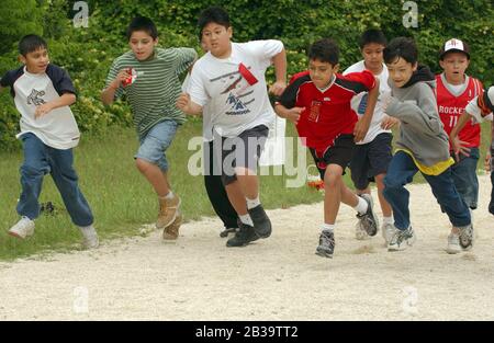 Austin Texas USA, um 2004: Die Jungen der vierten Klasse treten während des Leichtathletik-Tages an ihrer Grundschule im Mile Run gegeneinander an. ©Bob Daemmrich Stockfoto