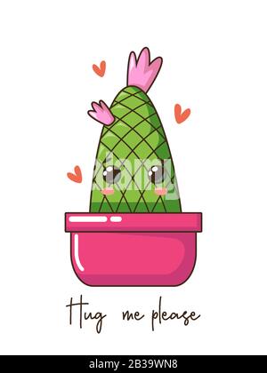 Niedliche Cartoon Kawaii Kaktus mit Lächeln Gesicht in Topf, Krone Blume und Zitat. Vektor handgezeichnete Illustration, Mode-Slogan Stock Vektor