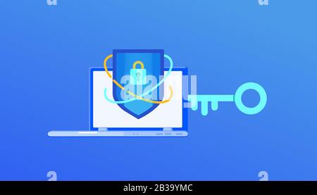 Schutz von Daten und Informationen auf dem Computer. Laptop mit Schutzschild, Schloss und Cyber Key auf blauem Hintergrund. Online-Sicherheitskonzept. Cyber-Angriff Stock Vektor