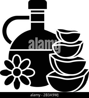 Symbol für schwarze Glyphe mit Naturöl. Pflanzliche Essenz. Flüssigkeit für Hautpflege. Aloe vera Saft im Glasbecher. Feuchtigkeits- und Peeling. Silhouettensymbol Stock Vektor