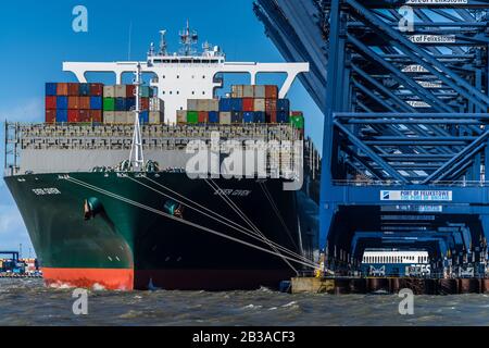 Handel verzögert durch starken Wind. Das Jemals Gegebene Containerschiff wartet darauf, dass die Winde abfallen, bevor die Transportbehälter am Felixstowe Port UK entladen werden Stockfoto