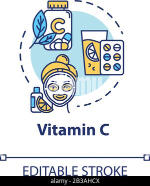 Symbol für Vitamin C, Hautpflege und Gesundheitskonzept. Citrus-Extrakt, Antioxidantien, Ascorbinsäure Idee dünne Linie Abbildung. Vektor isoliert Umriss RGB Stock Vektor