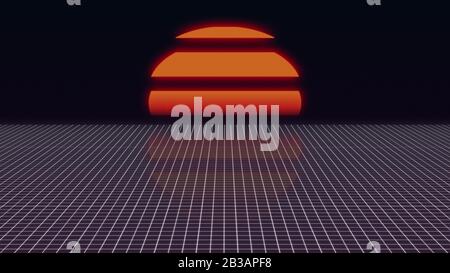 Futuristische neon Landschaft der 80er Jahre. Computer-generierte futuristische Sonne im Retro Style. 3D-Rendering abstrakt Hintergrund. Stockfoto