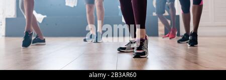 3/4-Blick auf multikulturelle Tänzerinnen, die zumba im Tanzstudio trainieren, Panoramaaufnahme Stockfoto