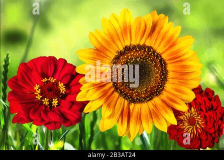 Schöne bunte Blumen auf dem Feld, naturgrüner Hintergrund, Aquarelldarstellung Stockfoto