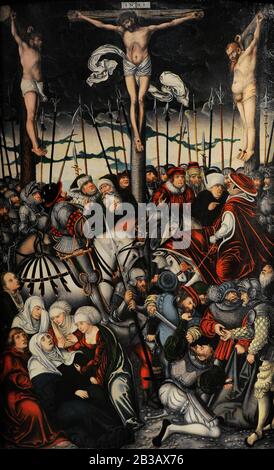 Lucas Cranach der ältere (1472-1553). Deutscher Maler. Der Kalvarienberg, die erste Hälfte des 16. Jahrhunderts. Lazaro Galdiano Museum. Madrid. Spanien. Stockfoto