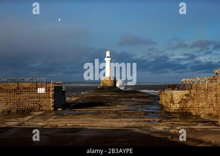 Mehrere Fotos von Aberdeen South Breakwater, Girdleness Lighthouse, Greyhope Bay und Aberdeen Harbour, große Wellen brechen und Schiff verlassen den Hafen. Stockfoto