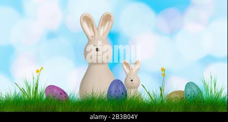 Ein bunter osterhintergrund mit zwei Häschen und ostereiern Stockfoto
