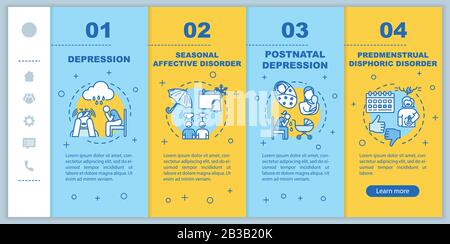 Vektor-Vorlage für psychische Störungen beim Einsteigen. Psychologische Probleme. Saisonale affektive Störung. Depression. Reaktionsschnelle mobile Website mit Symbolen Stock Vektor