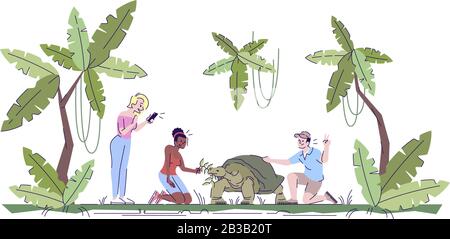 Menschen fotografieren Schildkröte in Dschungel-Flattrodle-Illustration. Touristen machen Fotos mit wildem Tier. Streichelzoo. Indonesien Tourismus 2D Cartoon Stock Vektor