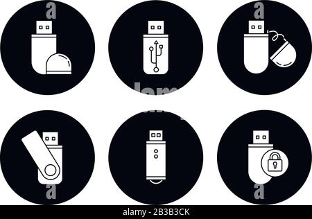 Symbole für USB-Flashlaufwerk festgelegt. Kompaktes Datenspeichergerät. Memory Stick. Daumenantrieb, Taste. Informationen werden übertragen. Kleines elektronisches Gerät Stock Vektor