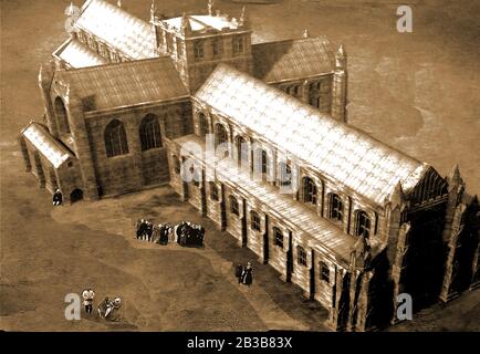 Ein Künstlereindruck dessen, was Whitby Abbey, North Yorkshire, so gesehen hätte, wie es vor der Auflösung/Unterdrückung der Klöster 1536-1541 gewesen wäre. Stockfoto