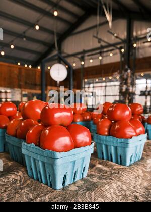 Farm Fresh beefsteak Tomaten auf der Anzeige für den Verkauf in einem ländlichen Alabama Bauernmarkt oder am Straßenrand Markt in Hecht Straße Alabama, USA. Stockfoto