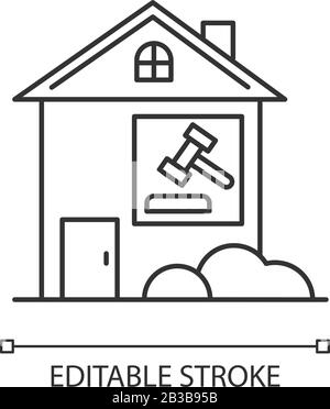 Rechtsstreit mit Immobilien Pixel perfekt linear Icon. Rechtsstreit um die Mietdauer. Rechtsstreit um Immobilien, Fall. Anpassbare Abbildung mit dünner Linie. Kontursymbol Stock Vektor