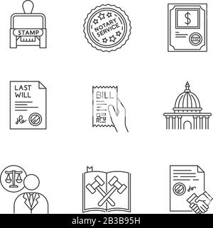 Notar Services Pixel perfekte lineare Symbole gesetzt. Bestandszertifikat. Oberstes Gericht. Satzung. Letzter Wille. Anpassbare Kontursymbole mit dünnen Linien. Isoliert Stock Vektor