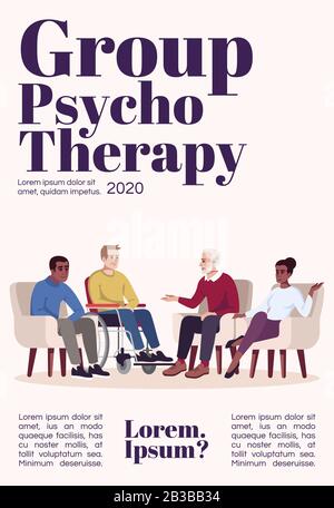 Die Vorlage für das Magazin "Gruppenpsychotherapie". Psychologieberatung. Sprechtherapie. Taschenaufsteckdesign. Vektorseitenlayout mit flachem Zeichen Stock Vektor