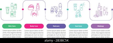 Infografievorlage für Hautpflege-Vektor. Körper- und Haarpflege. Designelemente für kosmetische Produkte. Datenvisualisierung in 5 Schritten. Prozess Stock Vektor