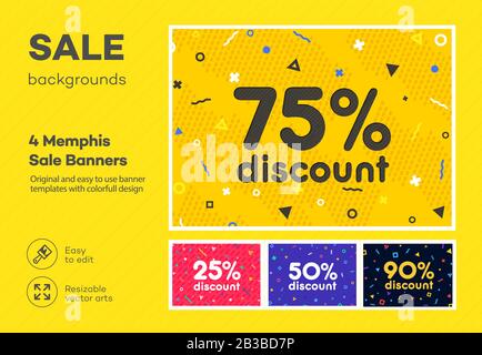 Set aus modernem farbenfrohem Plakat, Banner und Flyer-Vorlage im Memphis-Stil. Großverkauf. Sonderrabatt. Stock Vektor
