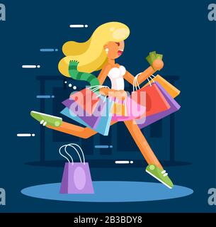 Glückliche Frau mit Einkaufstaschen beeilen sich, Einkäufe zu tätigen. Flache Darstellung Stock Vektor