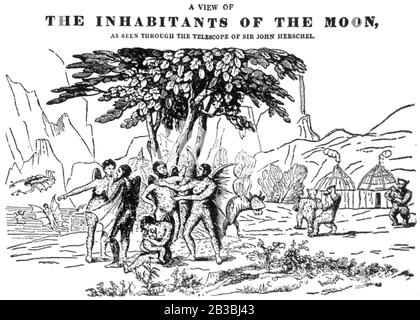 John HERSCHEL (1792-1871) englischer Astronom und Universalgelehrter. Eine zeitgenössische Karikatur, die die imaginären Bewohner des Mondes zeigt, die von seinem Teleskop enthüllt wurden. Stockfoto