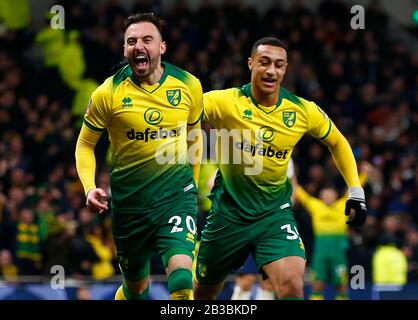 London, Großbritannien. März 2020. Josip Drmic von Norwich City feiert am 04. März 2020 im Tottenham Hotspur Stadium in London, England, sein Torverhältnis während des Fünften Runden Matches des Emirates FA Cup zwischen Tottenham Hotspur und Norwich City. Credit: Action Foto Sport/Alamy Live News Stockfoto