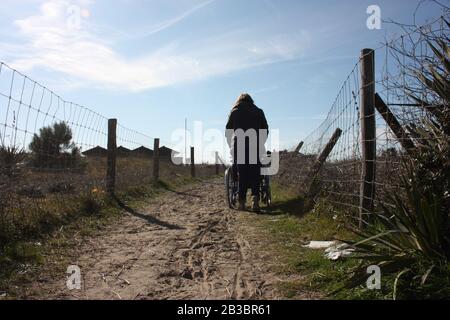 Einsame Person von hinten, die allein auf einem sandigen Weg, der in den Dünen der toskana zum Meer führt, einen Rollstuhl antreibt Stockfoto