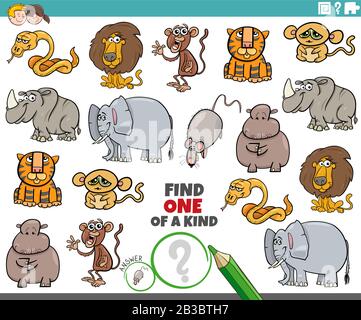 Cartoon-Illustration von "Find One of a Kind Picture Educational Game with Wild Animal Characters" Stock Vektor
