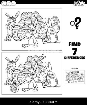 Schwarz-Weiß Cartoon Illustration des Auffindens Von Unterschieden Zwischen Bildern Bildspiel für Kinder mit Oster-Bunny-Figuren Malbuch Stock Vektor