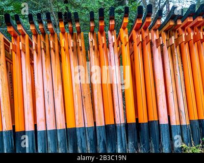 Wunderschöne orangefarbene Tori-Tore führen zum Fushimi Inari Taisha-Schrein, das zum UNESCO-Weltkulturerbe gehört. Stockfoto