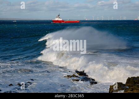 Fotos von Schiffen und Trawlern im Hafen von Aberdeen und in der Nigg Bay und Greyhope Bay, Stockfoto