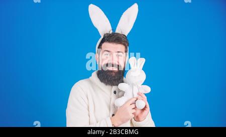 Konzept des Ostersymbols. Kerl bärtiger Flusspferd süßer sanfter, bunter langer Ohren blauer Hintergrund. Respekt vor Traditionen. Osterhase. Mann trägt einen kuscheligen Plüschanzug. Lustiger Hünenmann mit Bart und Schnurrbart. Stockfoto