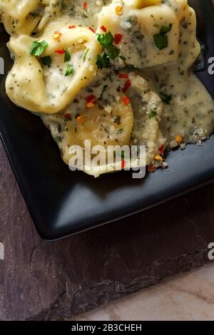 Butter und Parmesankäse Tortelloni in alfredo Soße herb Stockfoto