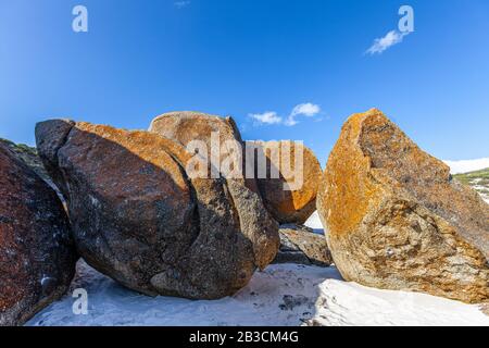 Schöne große orangefarbene Felsen auf weißem Sand im Wilsons Promontory National Park, Australien Stockfoto