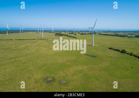 Großer Windpark unter den Grazelanden in Victoria, Austrlaia - Luftbild Stockfoto