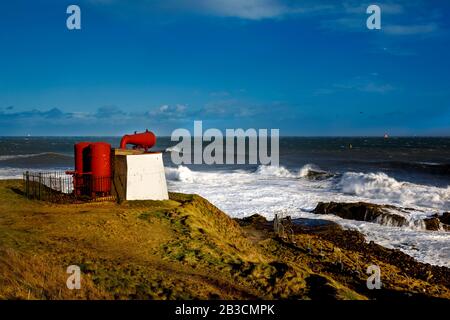 Das Torry Coo, Aberdeen Historical Foghorn, zwischen Nigg Bay und Greyhope Bay, Girdleness Lighthouse, Girdle Ness Peninsula, Schottland Stockfoto