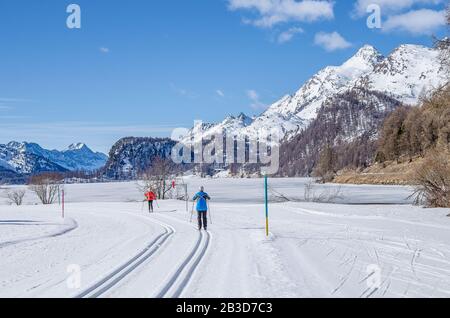 Ob bei 13.000 Wettbewerbern beim Engadin Ski Marathon oder auf den Hügeln des Juras, Engadin Loipen bieten jedem Geschmack. Stockfoto