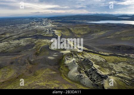 Luftbild, Laki-Krater, Laki-Kraterserie, Eruptionsfissure, isländisches Hochland, Südisland, Island Stockfoto