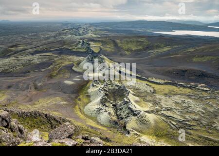 Luftbild, Laki-Krater, Laki-Kraterserie, Eruptionsfissure, isländisches Hochland, Südisland, Island Stockfoto