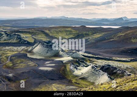 Luftbild, Laki-Krater, Laki-Kraterserie, Eruptionsfissure, isländisches Hochland, Südisland, Island Stockfoto