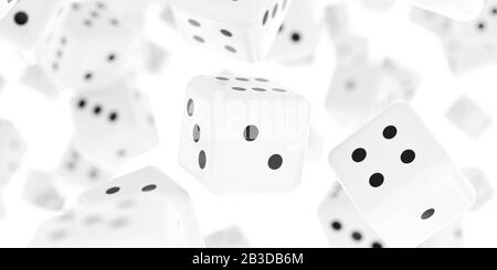 Gruppe fliegender weißer Dices isoliert auf weißem Hintergrund, geringe Tiefe der Ansicht 3D-Abbildung macht Hintergrund Stockfoto