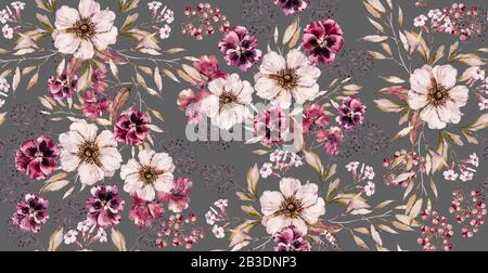 Aquarell Vintage Blume nahtloses Muster auf Luxus-Grau-Druck. Handbemalt Aquarell Blumenmuster. Stockfoto