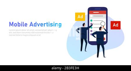Mobile-Advertising-Geschäftsmann mit Blick auf Werbsmartphone Stock Vektor