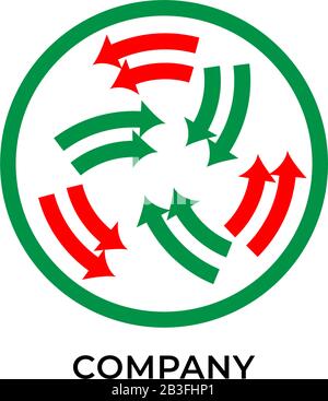 Zwei Ebenen roter und grüner Pfeile im Kreis. Designvorlage für das Auflagenlogo. Recycle Logo Konzept isoliert auf weißem Hintergrund Stock Vektor