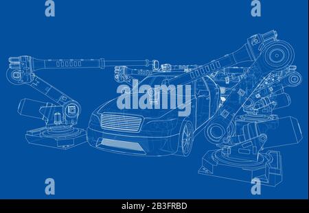 Montage des Kraftfahrzeugs. Roboterausrüstung macht Montage des Autos. Blaupause. Vektorrendering aus 3D-Modell Stock Vektor