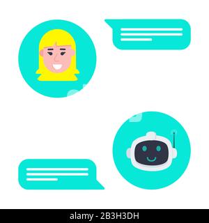 Roboter-Chatbot-Kopf-Symbol in der Sprechblase Gespräch mit Mädchen flaches Design Vektorgrafiken isoliert auf weißem Hintergrund. Süße KI bot er Stock Vektor