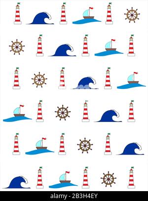 Nahtloses Muster, maritimer Stil. Leuchtturm, Schiff, Welle, Lenkrad Stock Vektor